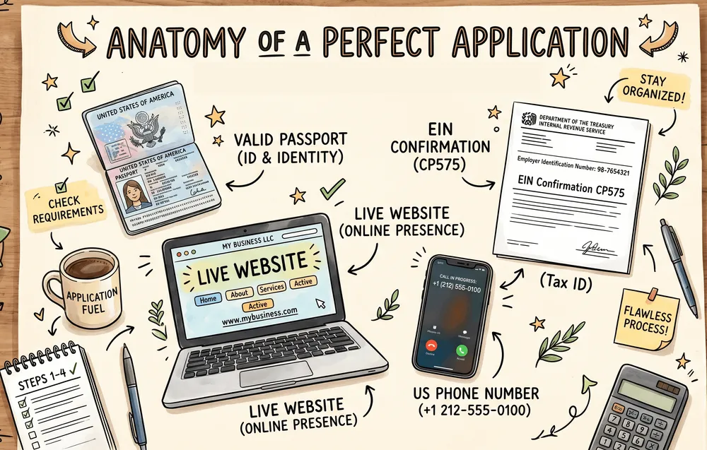 Hero image showing the required documents for opening a US business bank account without ITIN: Passport, EIN, and functional website.