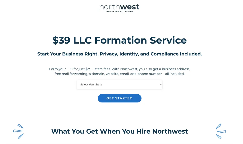 Northwest Registered Agent LLC formation portal homepage showing pricing