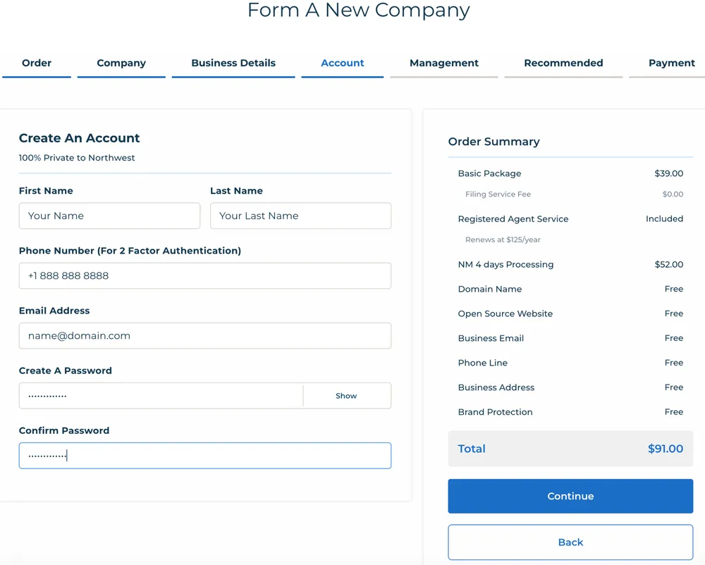 Creating a user account on the Northwest Registered Agent platform