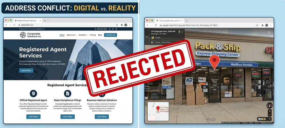 Visual explanation of how US banks use Google Street View to identify and reject registered agent or P.O. Box addresses.